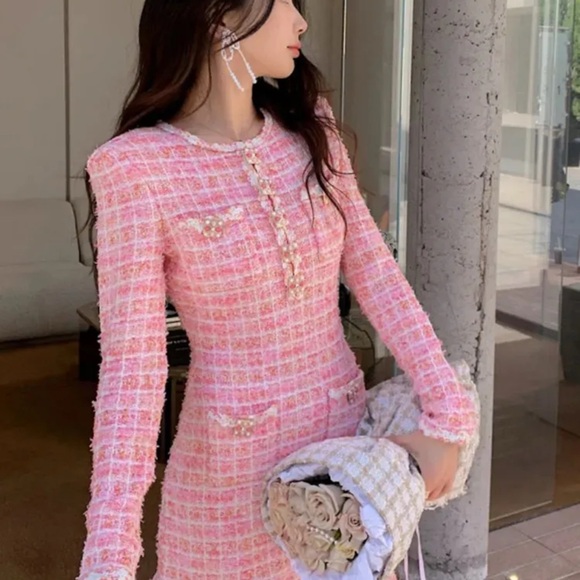 Pink and White Buttoned Sheath Dress for Work - Picture 4 of 6